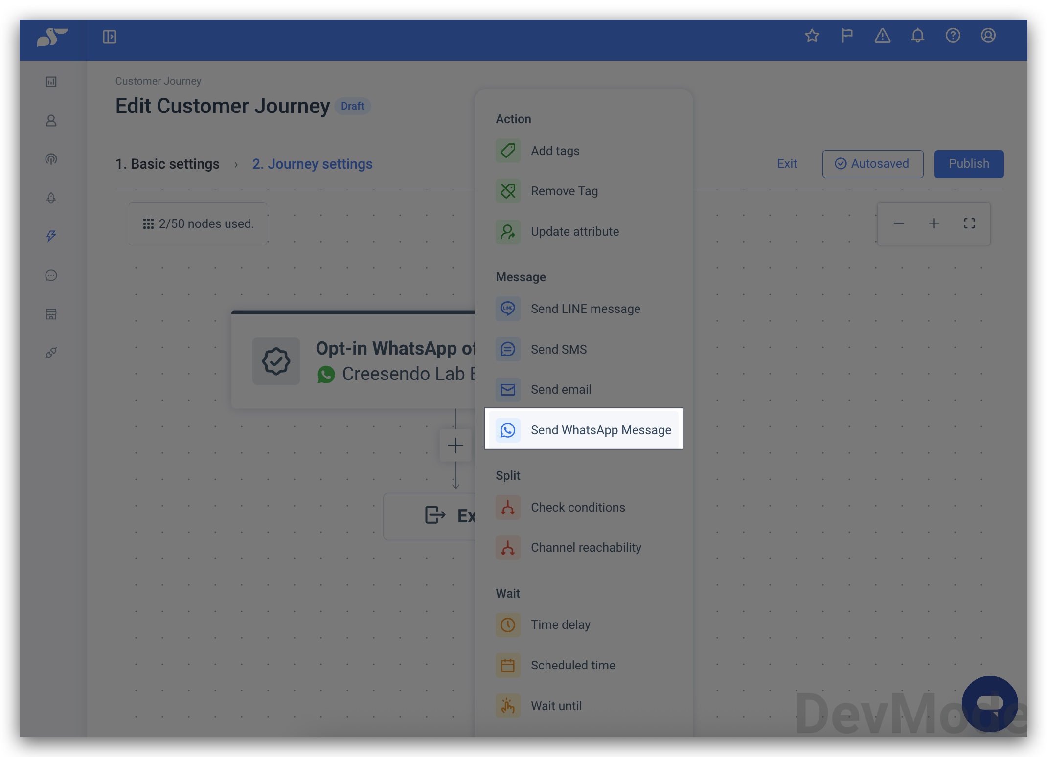 Node menu showing the 'Send WhatsApp Message' option