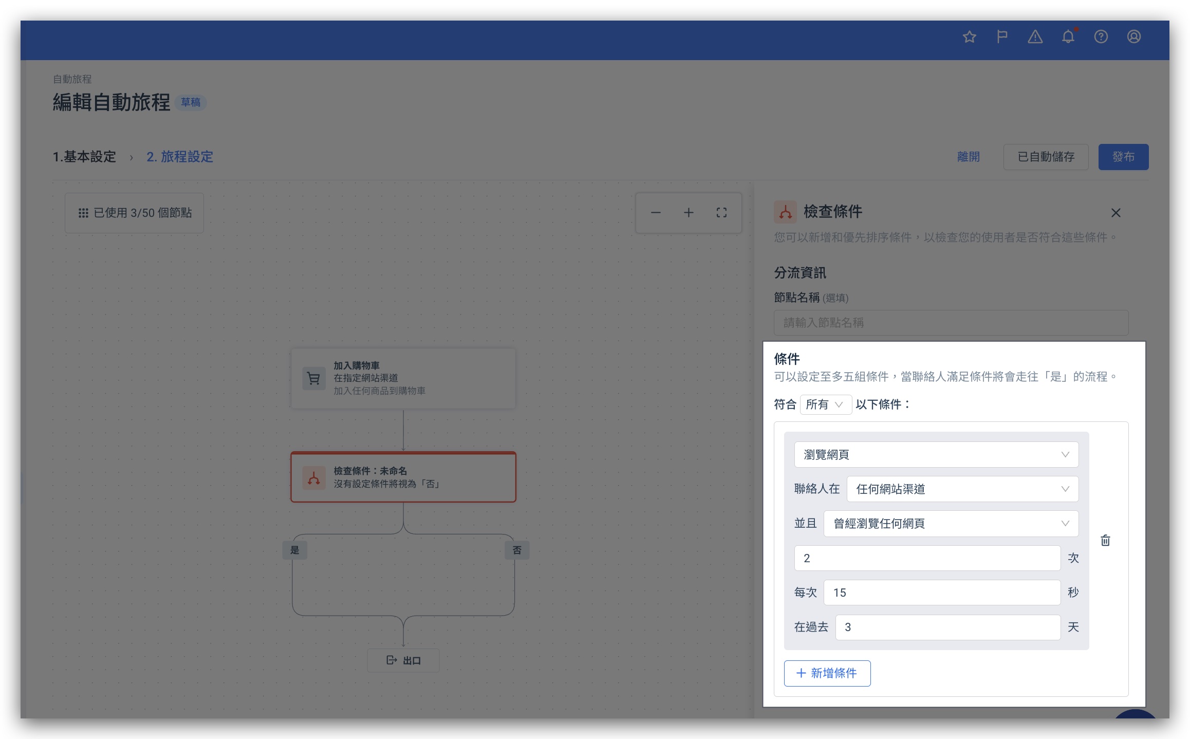 SDK web page advanced condition settings — condition check panel showing page view, website channel, page scope, visit count, dwell time per visit, and tracking time window
