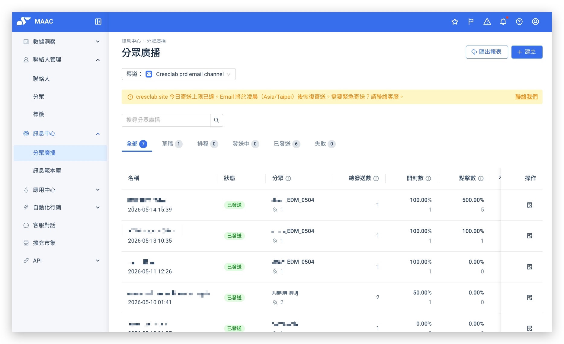 分眾廣播主頁，標示上方【渠道】選單與右上角【建立】按鈕