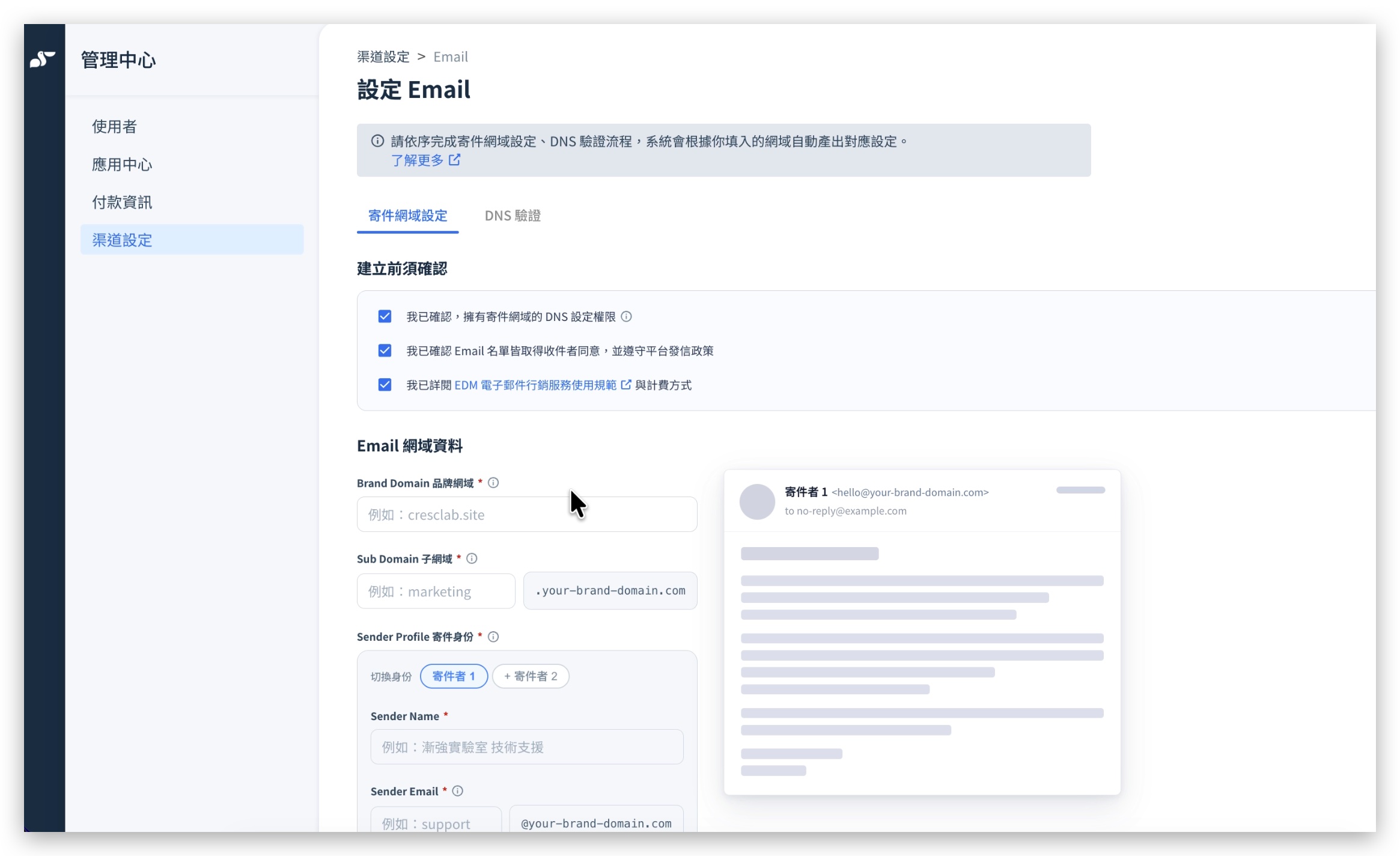 Set up Email: the Sender domain settings tab, with pre-creation confirmations and Email domain fields