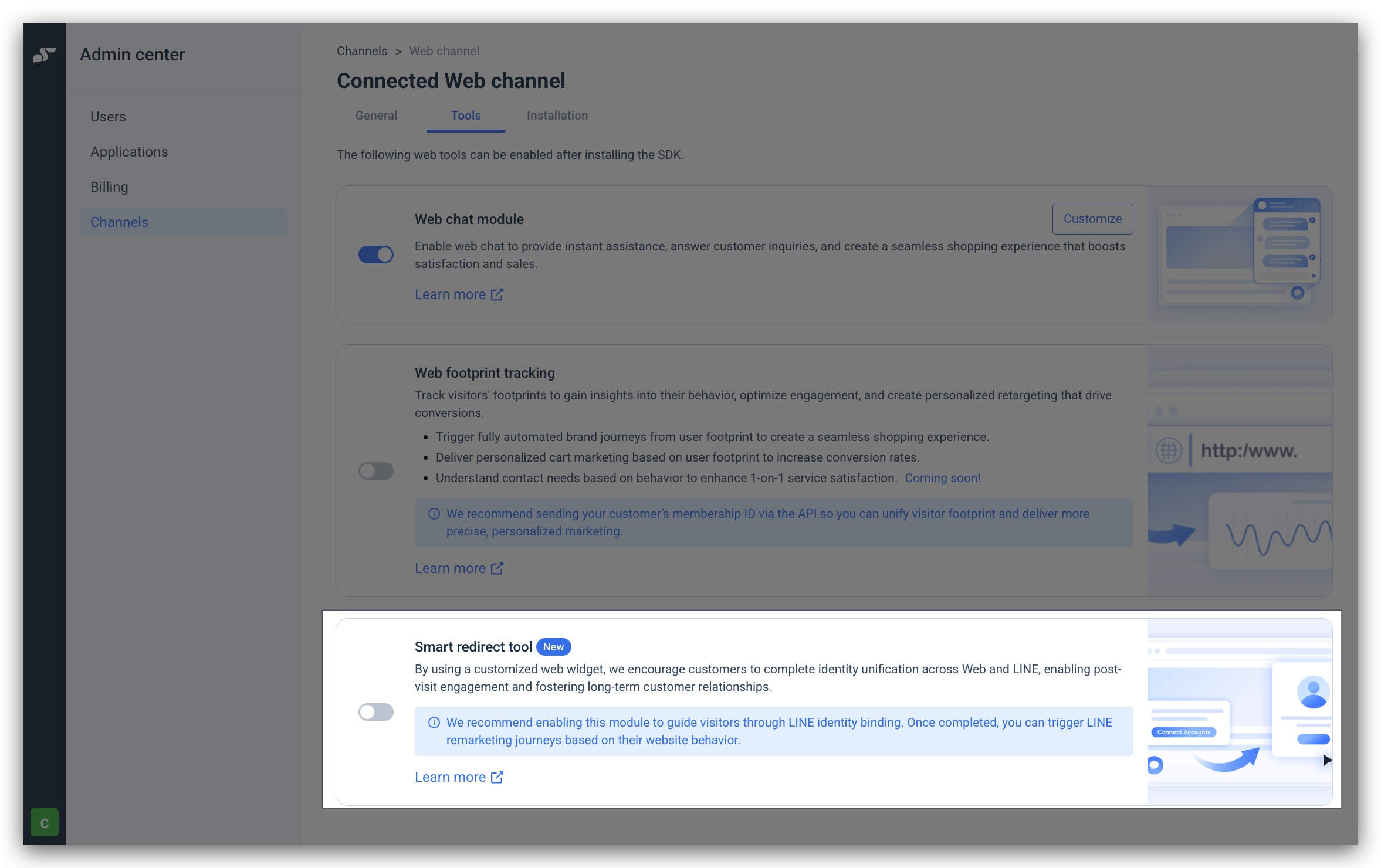 Connected Web channel > Tools: enable the Smart redirect tool module