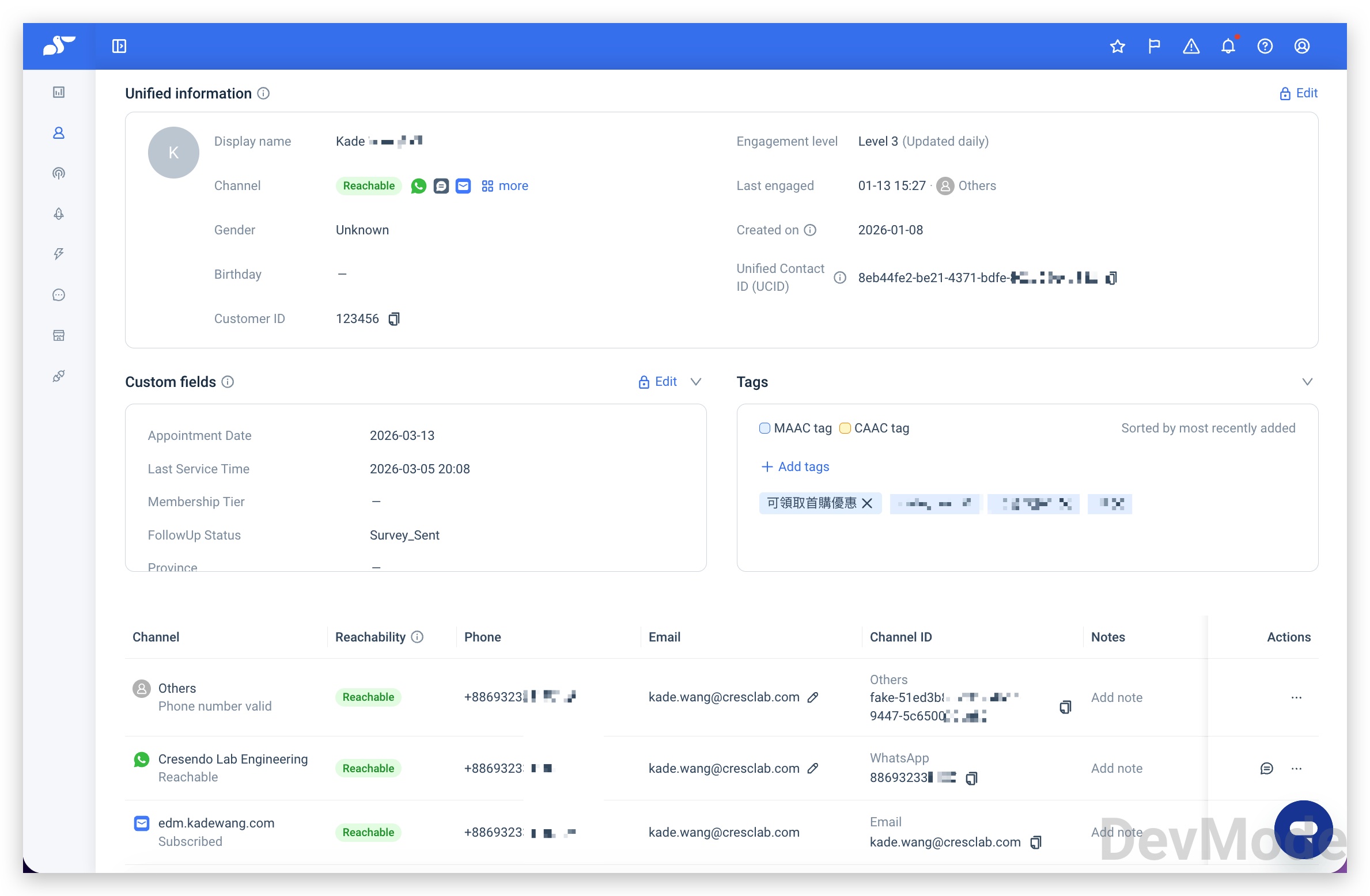 Unified Contact Profile — channel contacts list