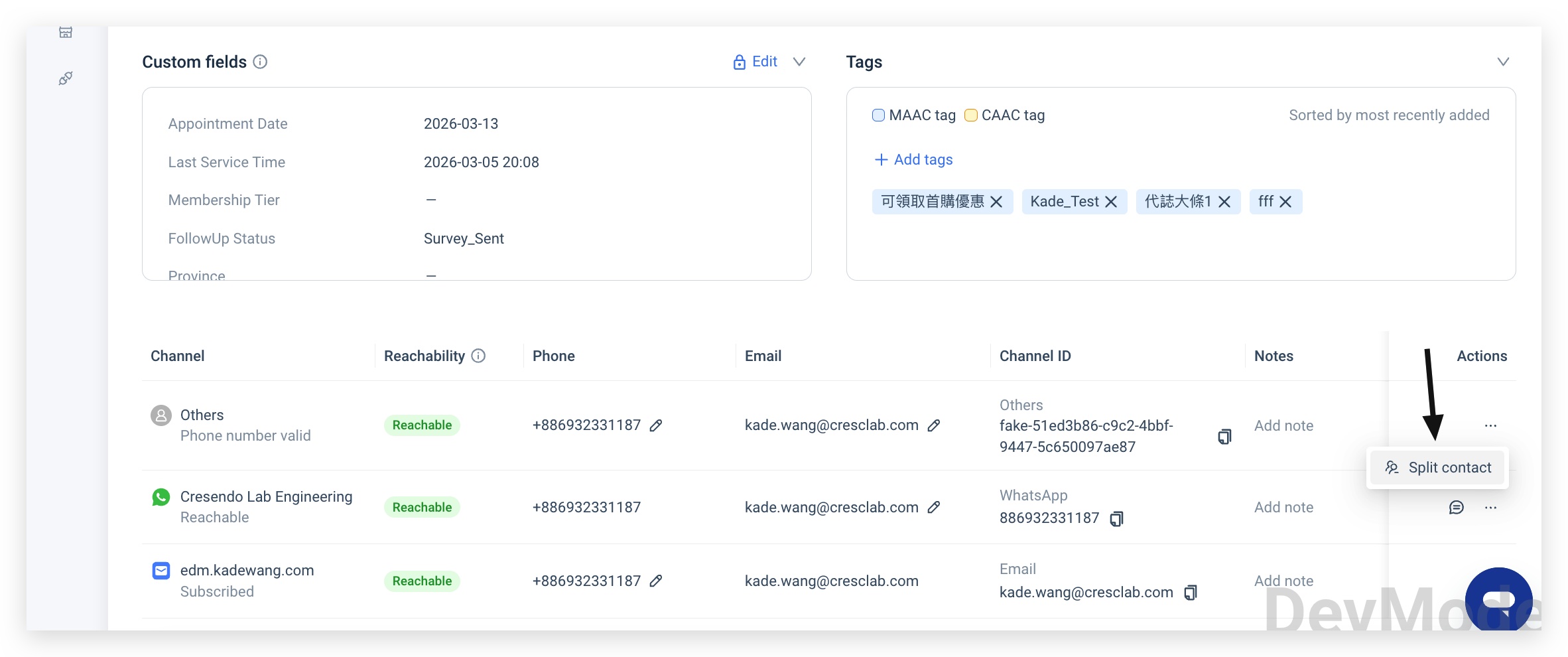 Channel contact row more menu — Split contact