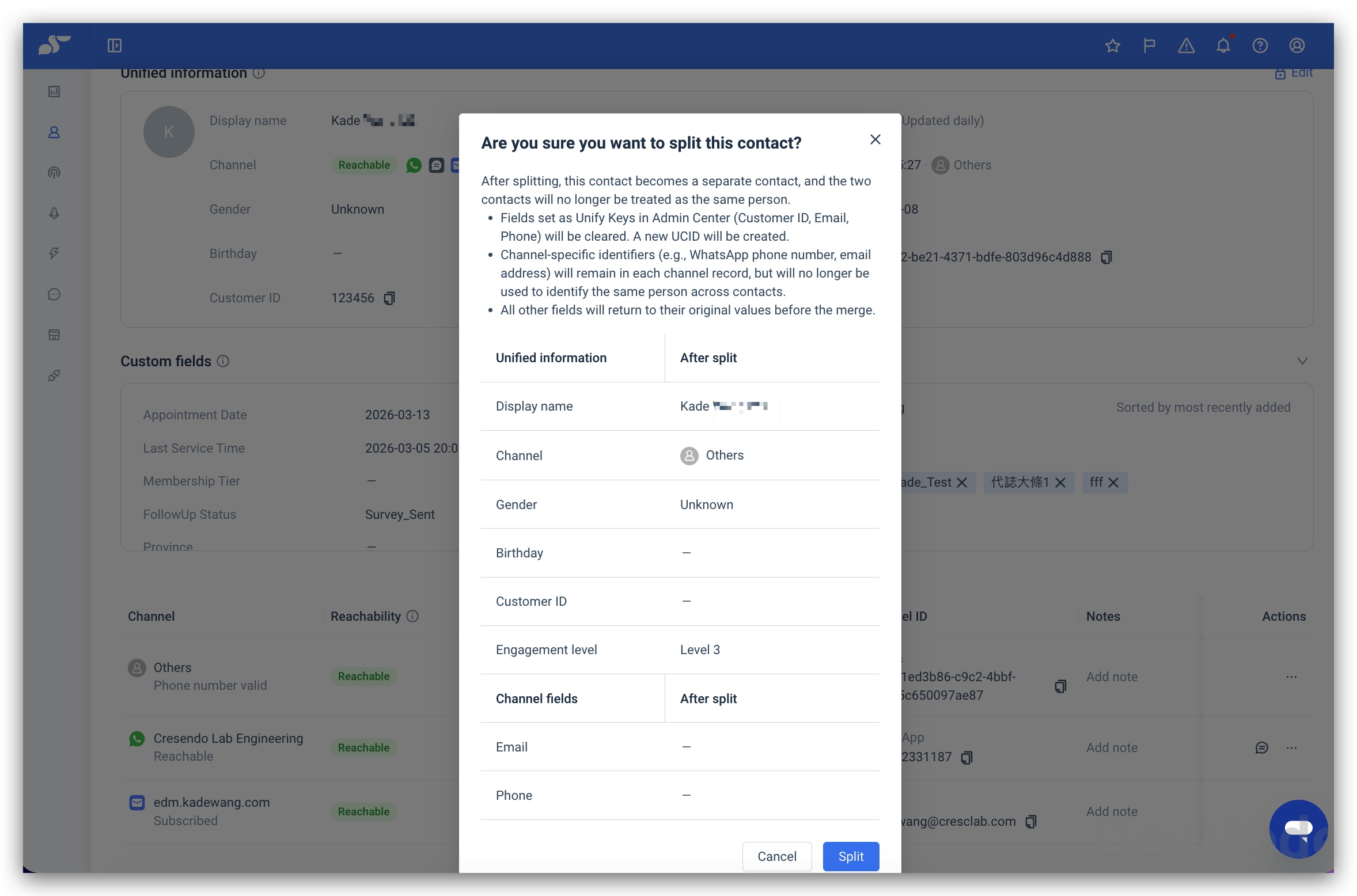 Split contact confirmation dialog
