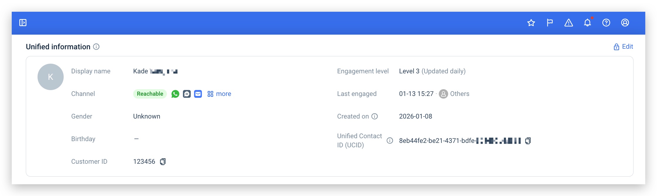 Unified Contact Profile — Unified information section