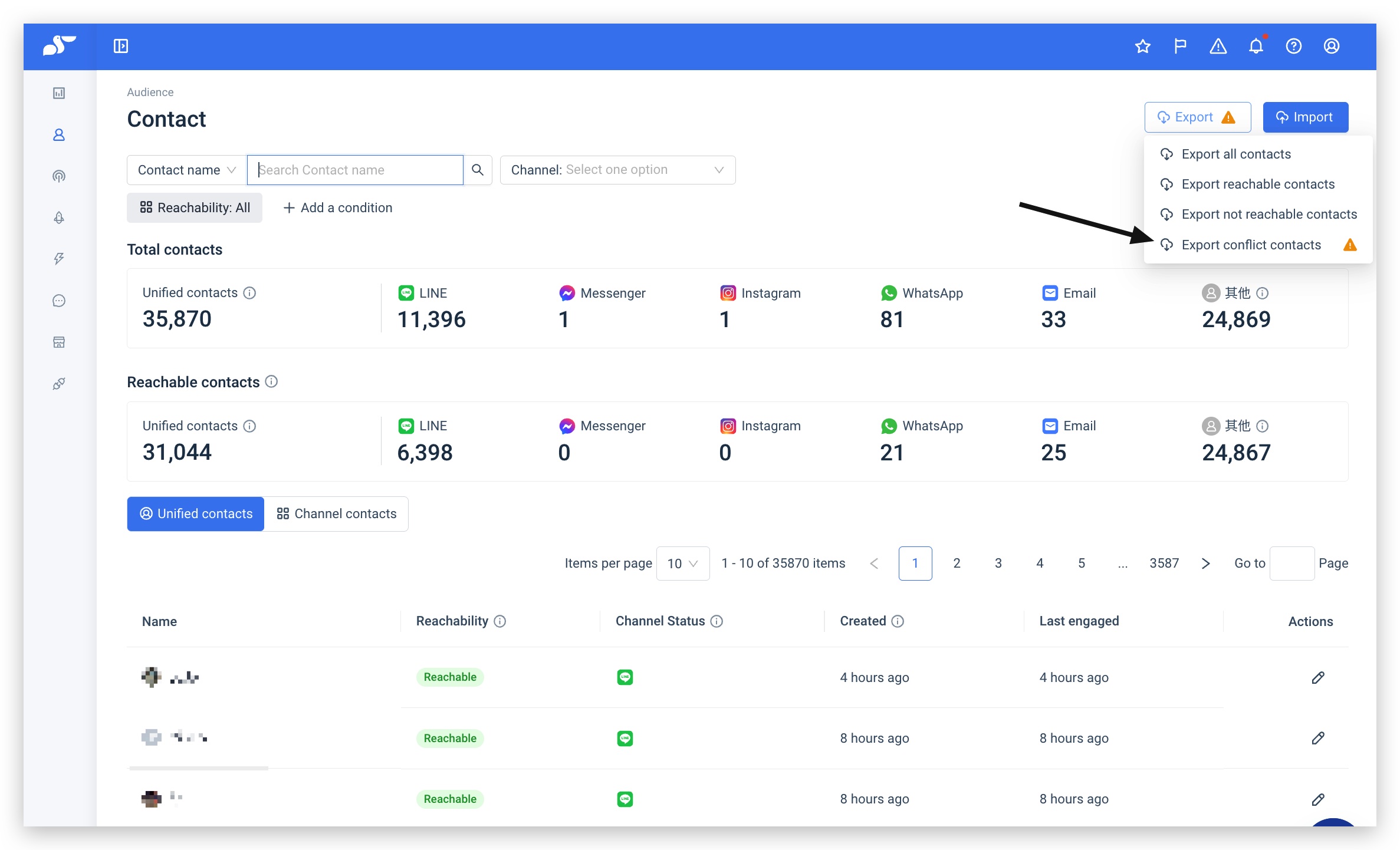 Export menu — Export conflict contacts