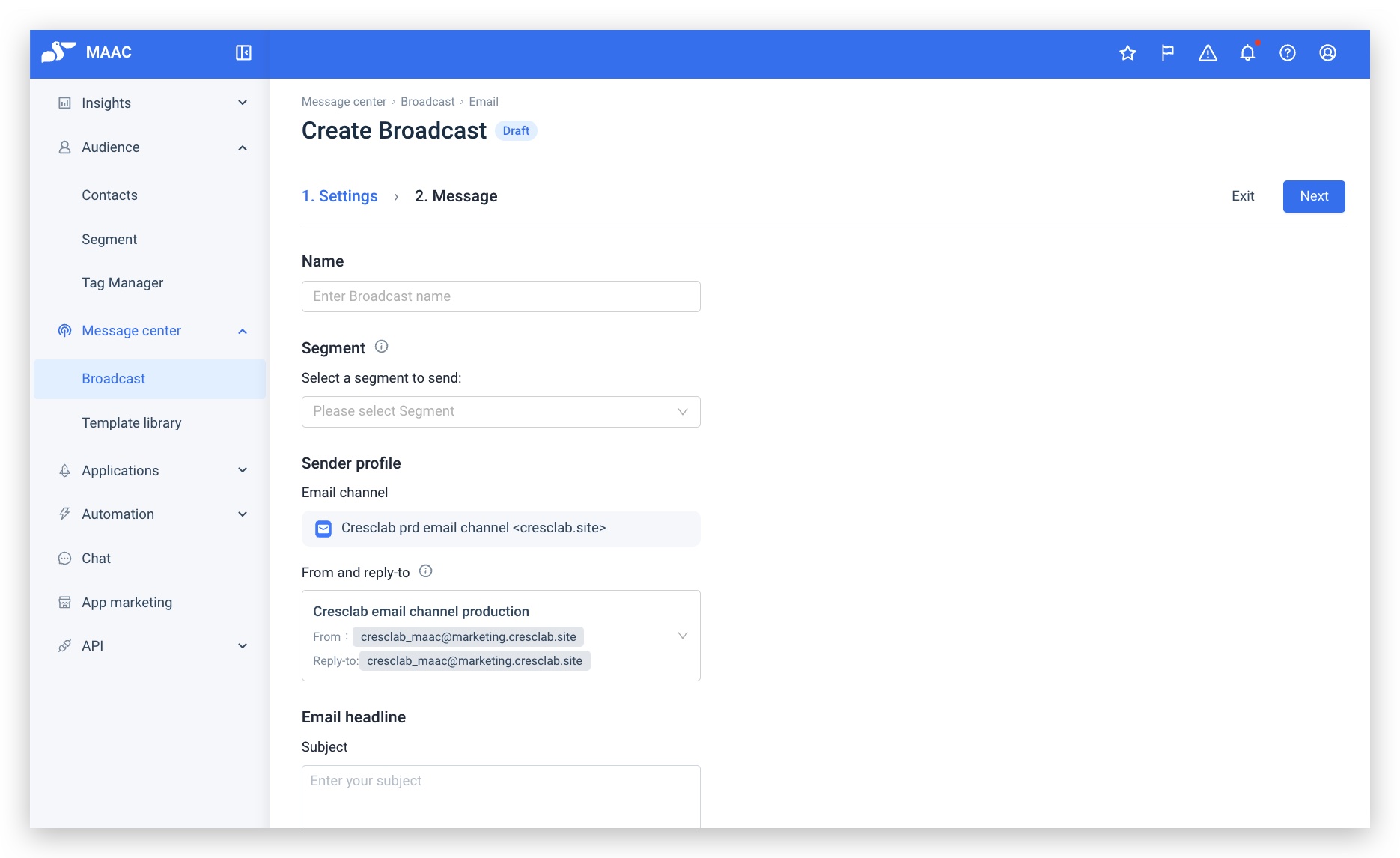 Create broadcast, 1. Settings tab