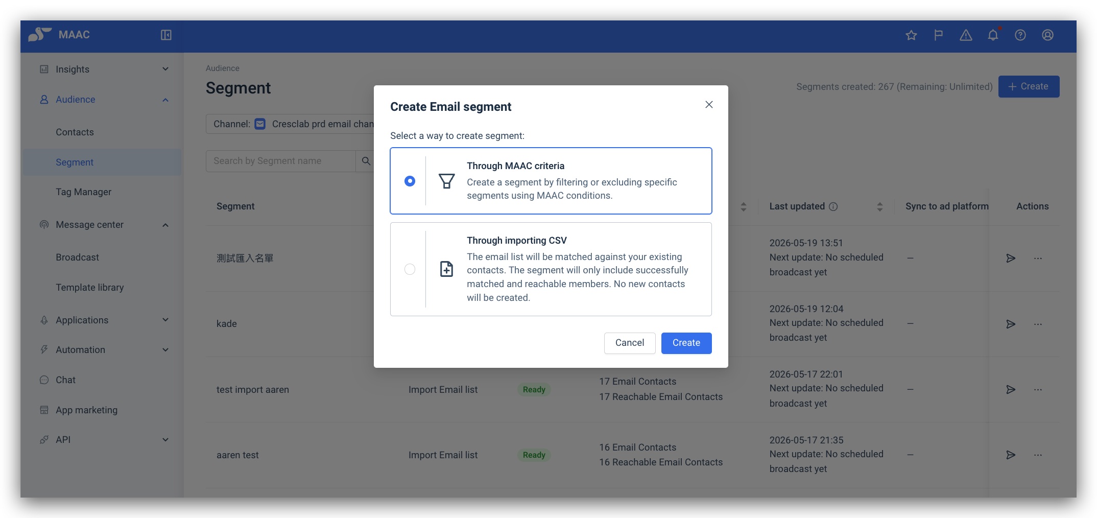 Pop-up for choosing how to create an Email segment