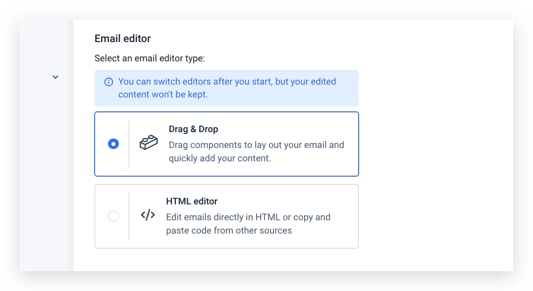 Email editor type selection pop-up