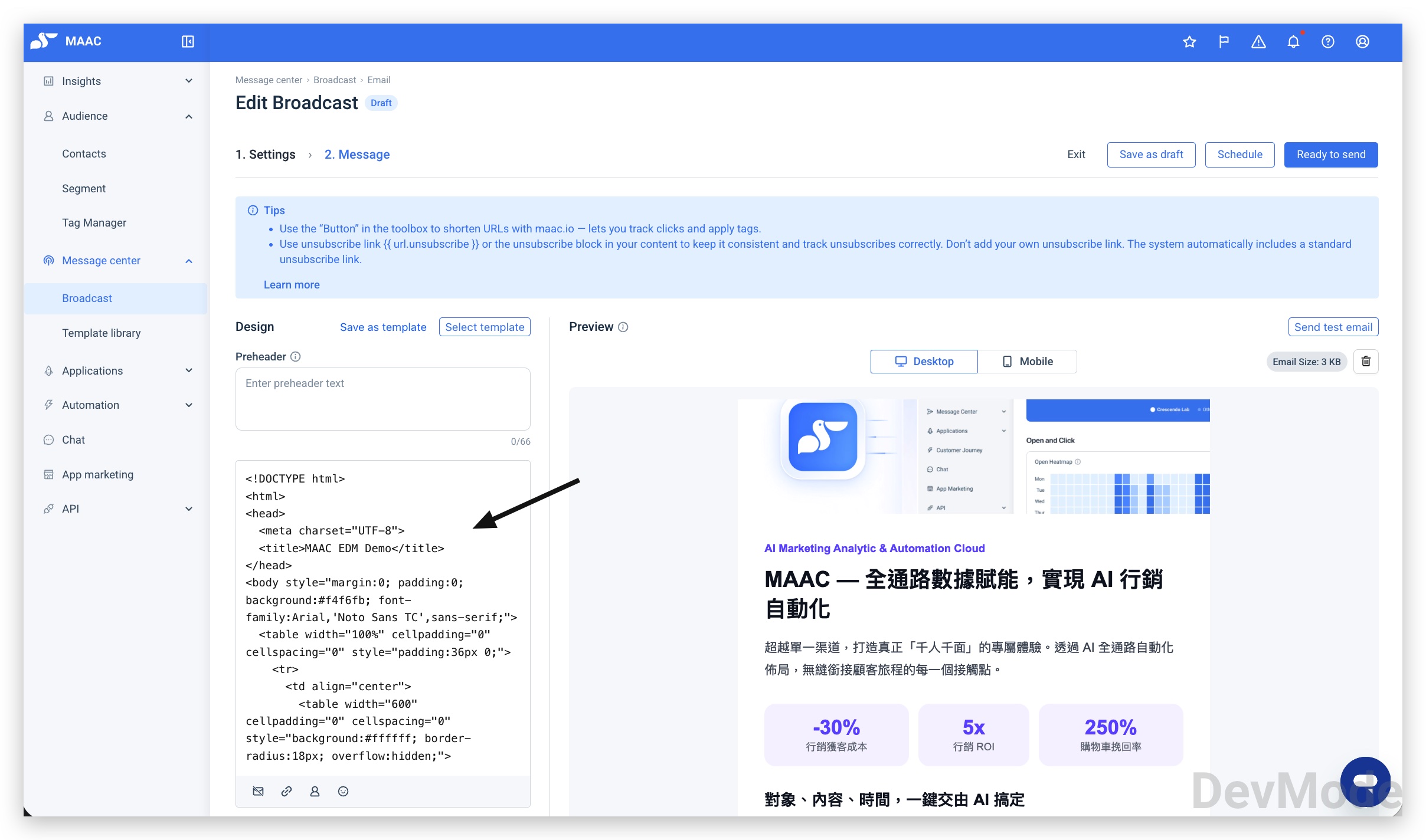 HTML editor page, with the code area on the left and desktop/mobile preview on the right