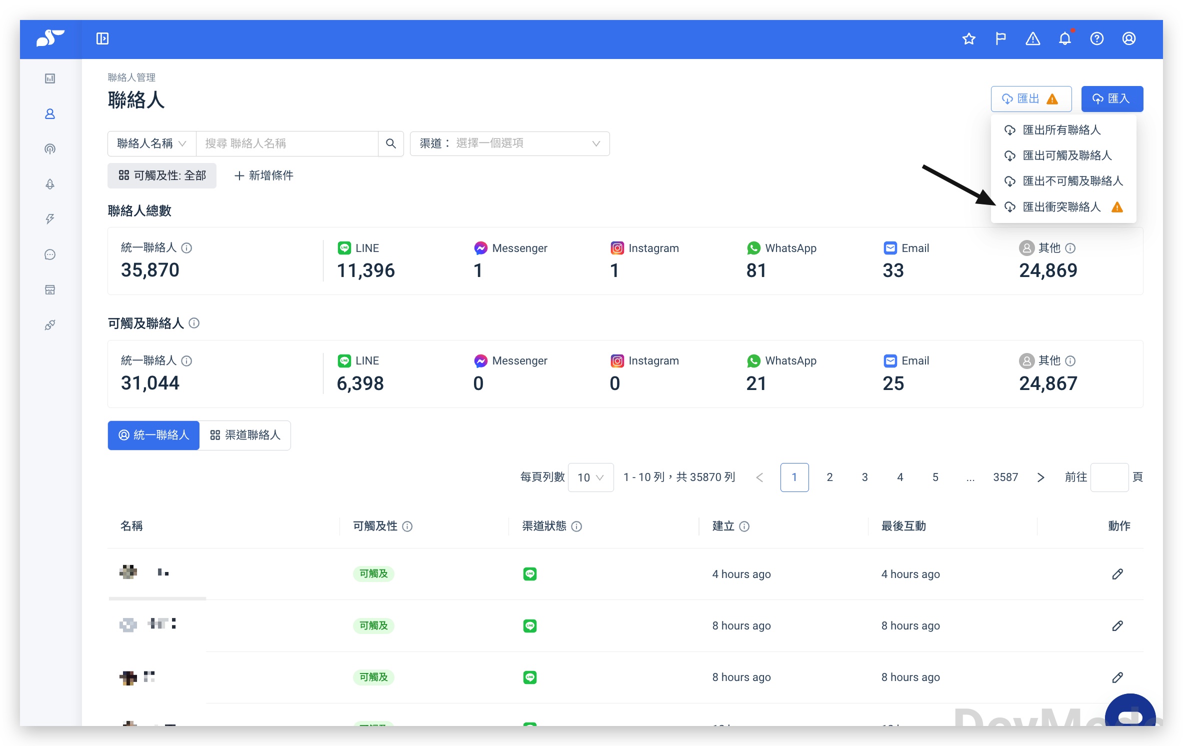 Export menu — Export conflict contacts
