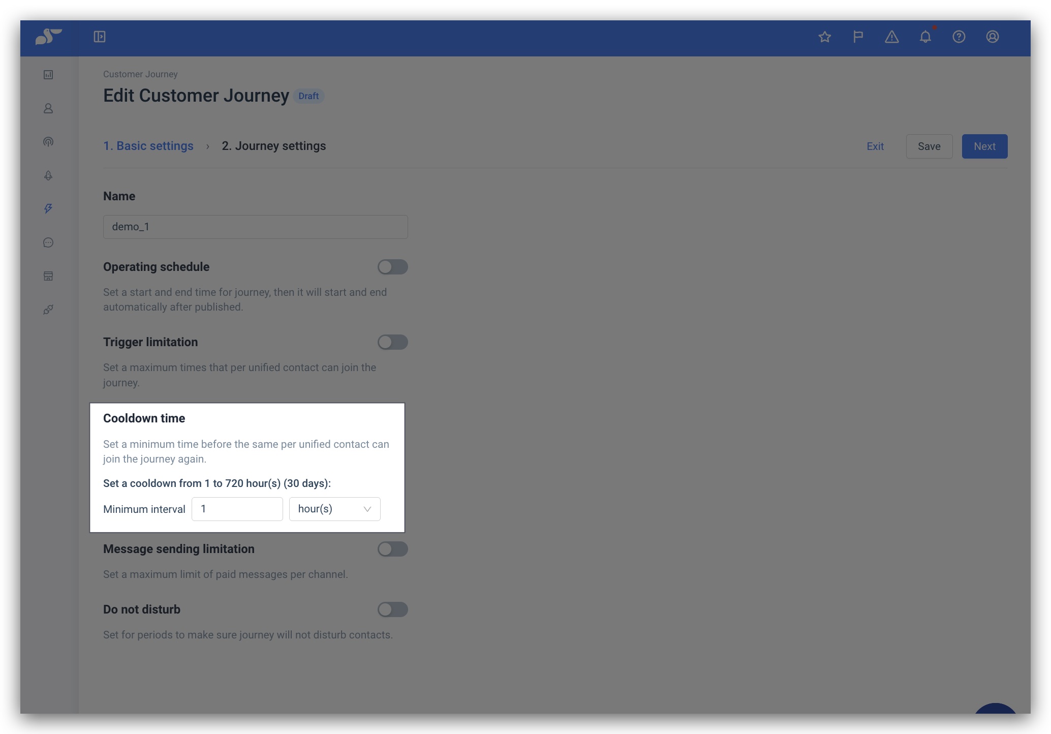 Basic Settings — Cooldown: minimum re-entry interval, 1 to 720 hours (30 days)