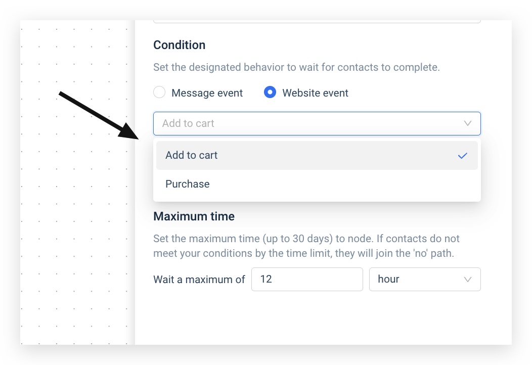 Wait for Condition node — website event, select Add to Cart or Purchase