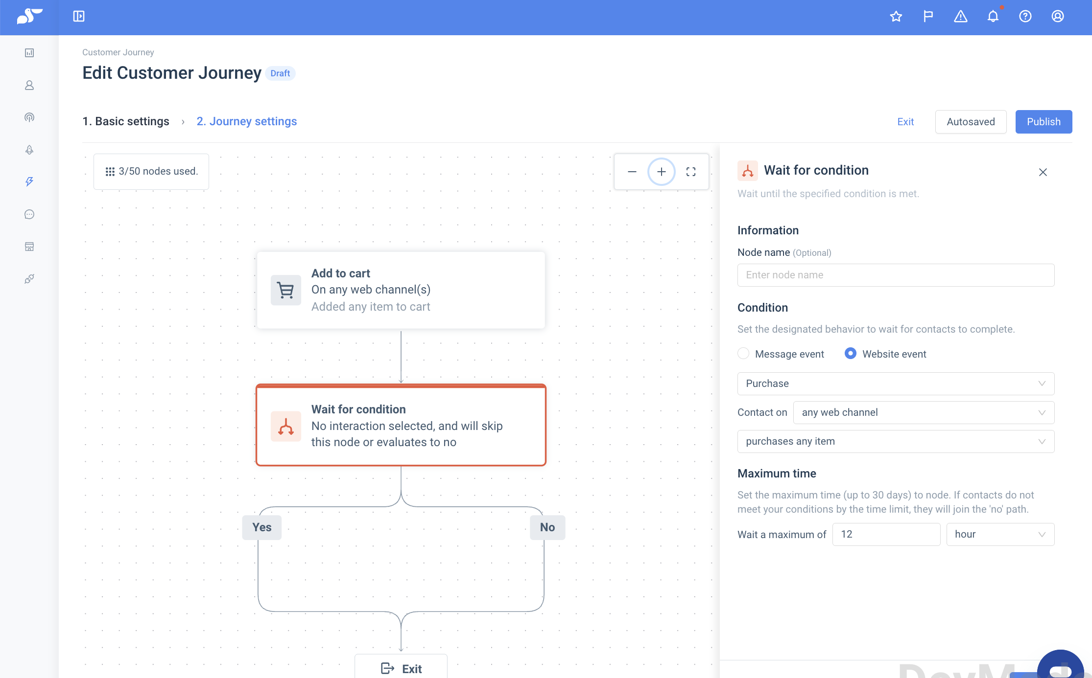Wait for Condition node — purchase event, web channel, and maximum wait time