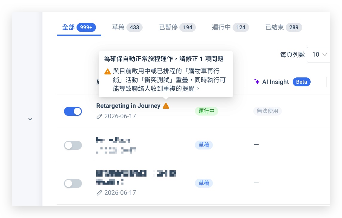 發布旅程時的共存提醒 — 與運行中的購物車再行銷活動重疊