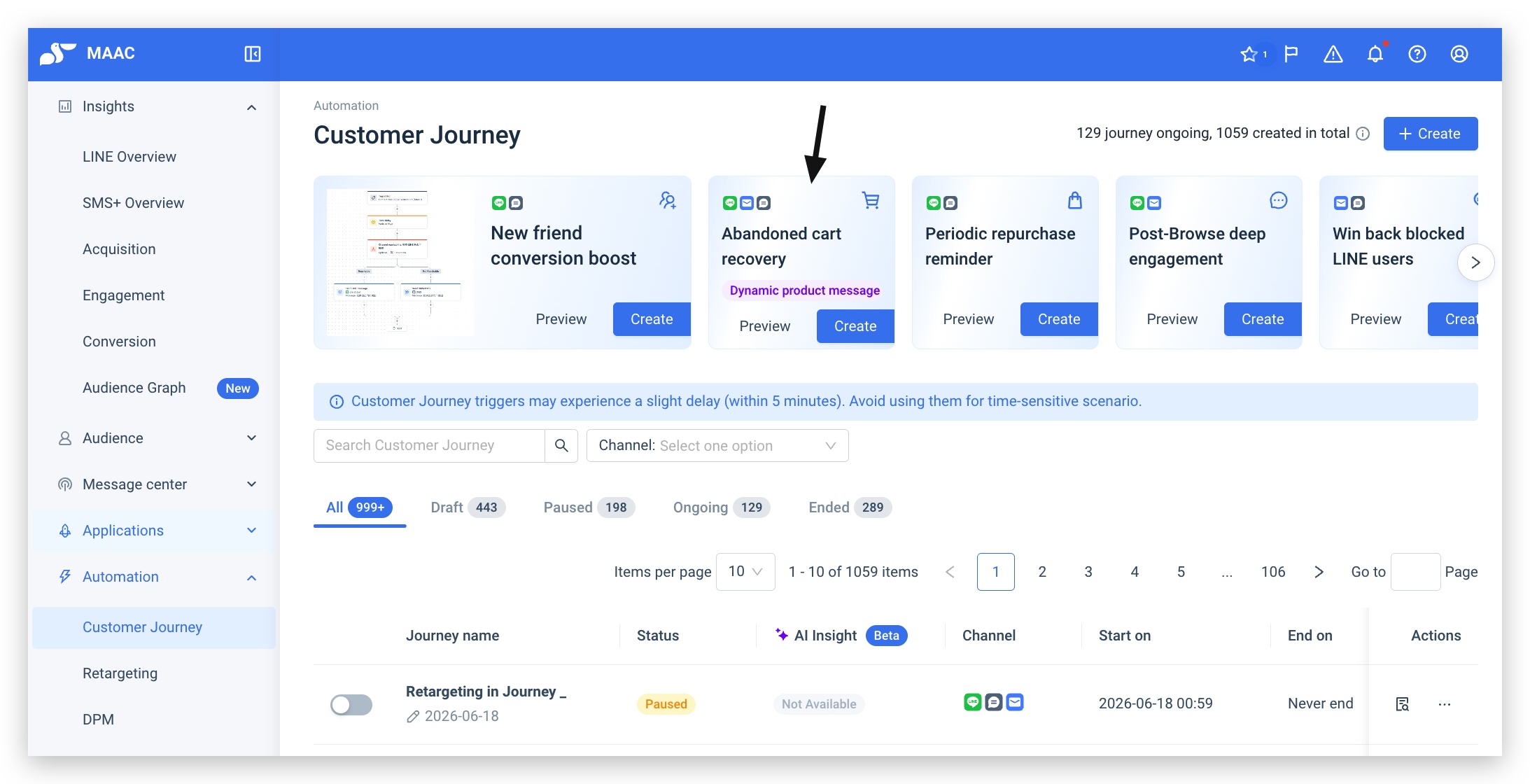 Quick Template Abandoned cart recovery on the Customer Journey page