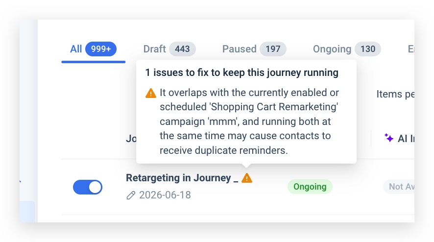 Coexistence warning on journey publish — overlap with an active Retargeting campaign