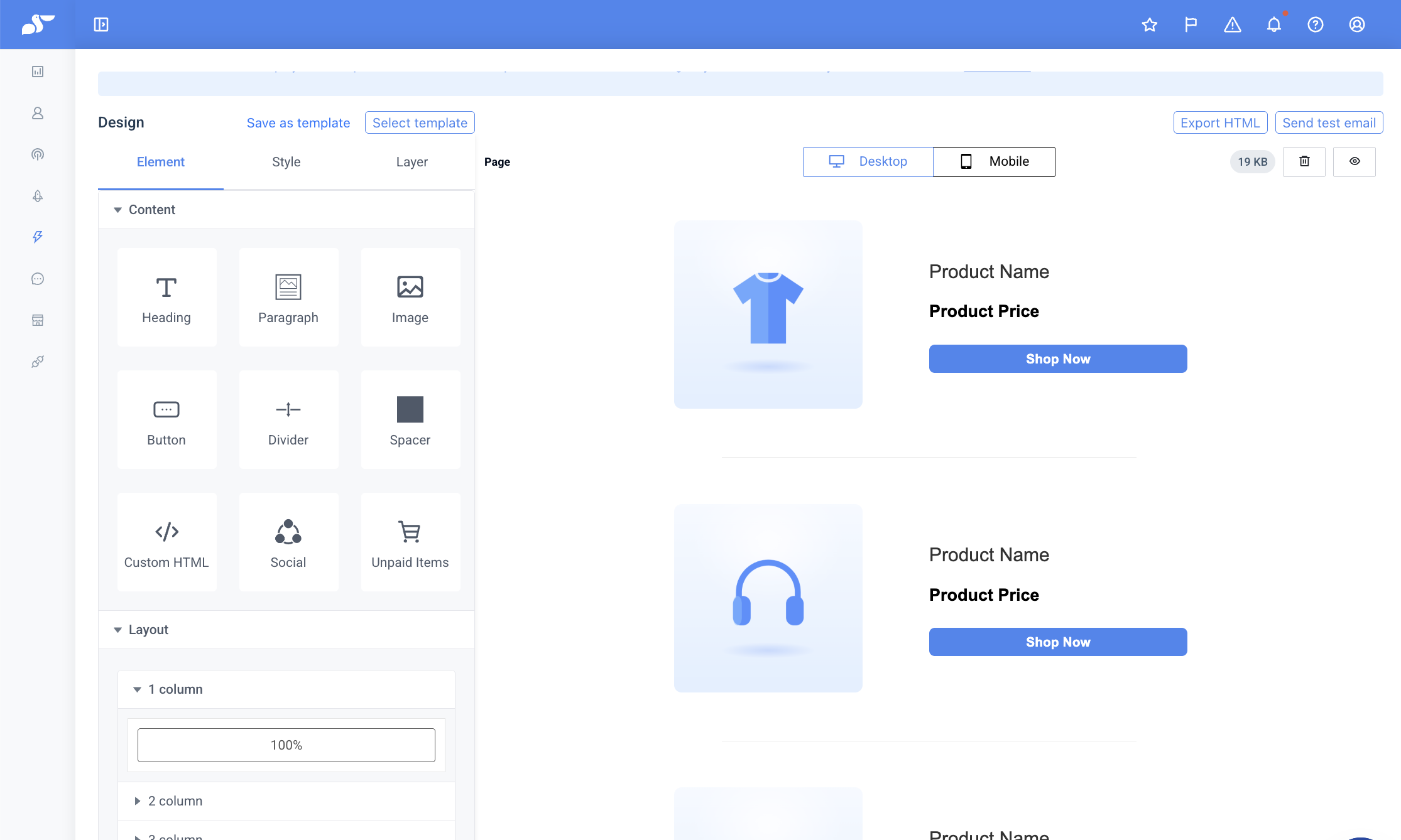 Email drag-and-drop editor — Unpaid Items block and product card preview