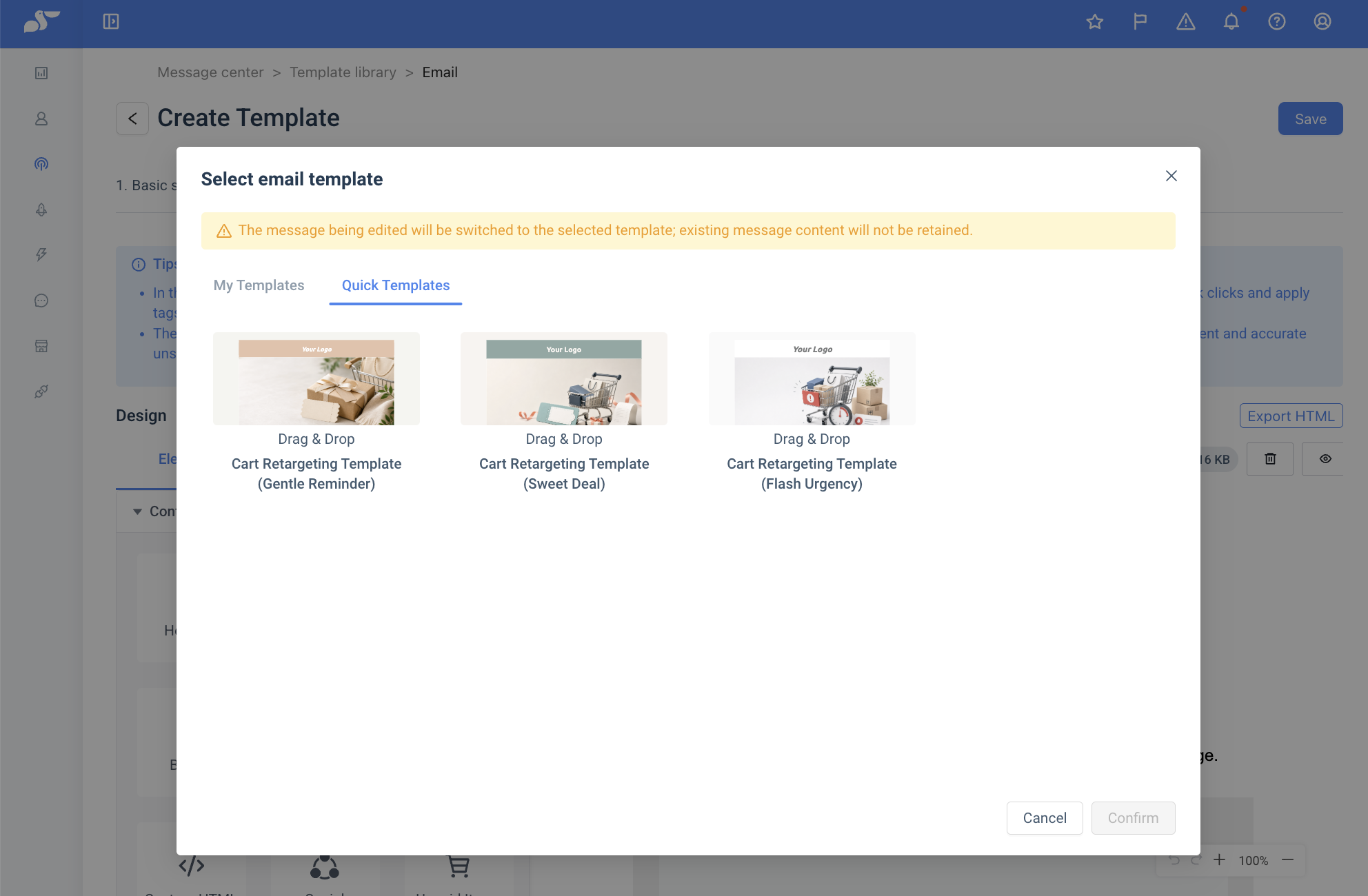 Template Library — three cart retargeting templates under Quick Templates