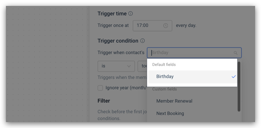 Scheduled trigger — field picker open, Birthday selected under the Default fields group