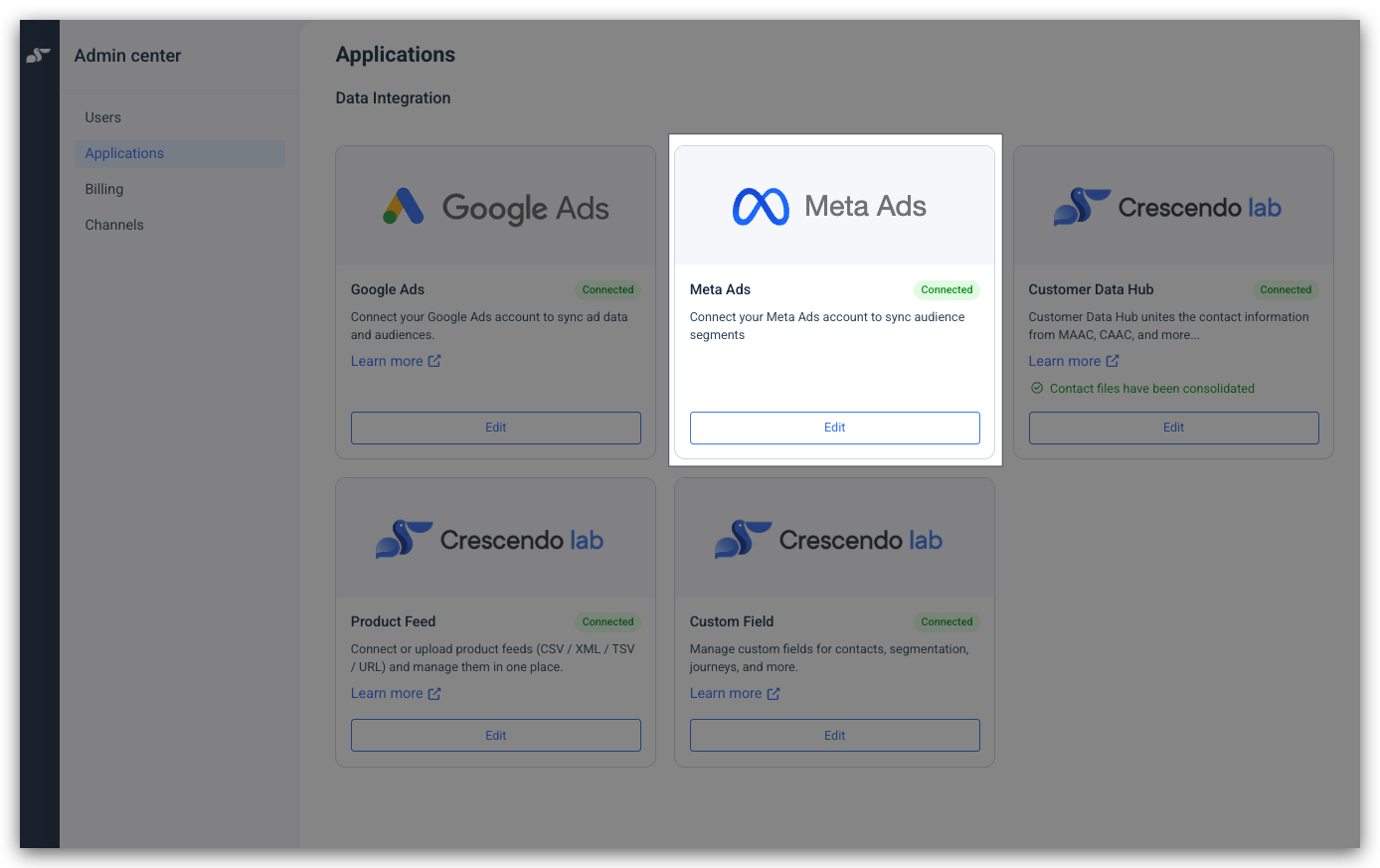 Meta Ads card under Admin Center Applications Data Integration