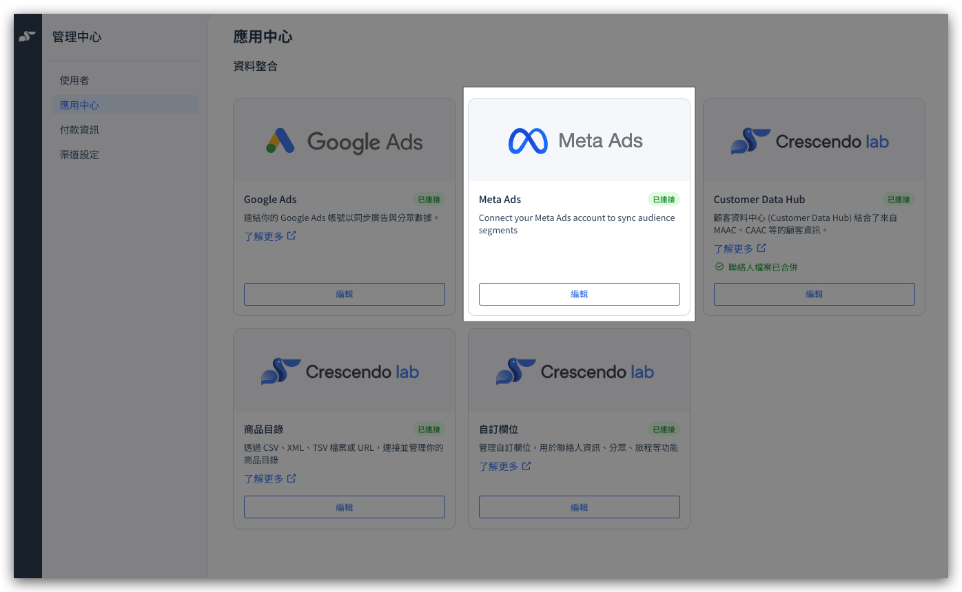 管理中心 應用中心 資料整合 Meta Ads 卡片