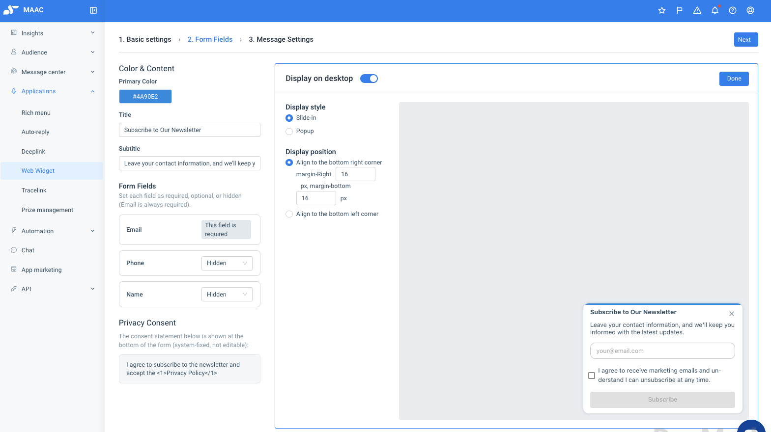 Form field settings: Email is always required; Phone and Name can be set to required, optional, or hidden; display style and privacy consent can also be configured