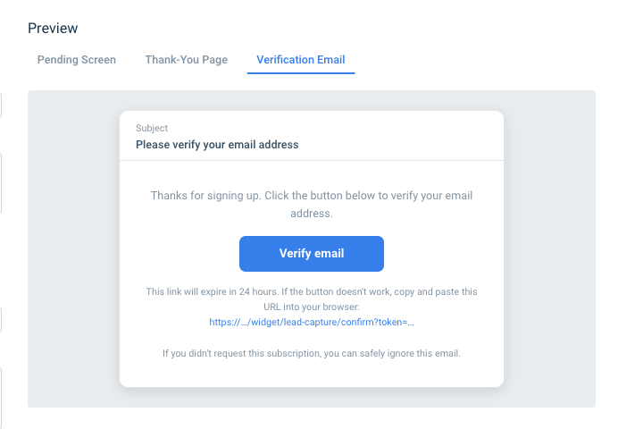 Verification email preview: subject, body, verify button, and the note that the link expires in 24 hours