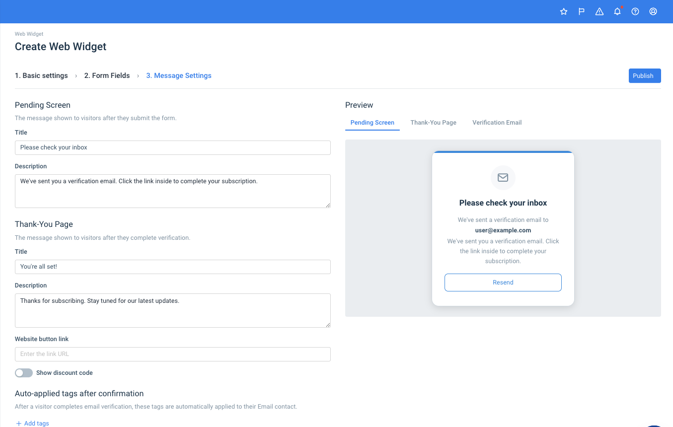 Message settings step: configure the title and description of the Pending Screen and Thank-You Page, with a preview of the Pending Screen on the right