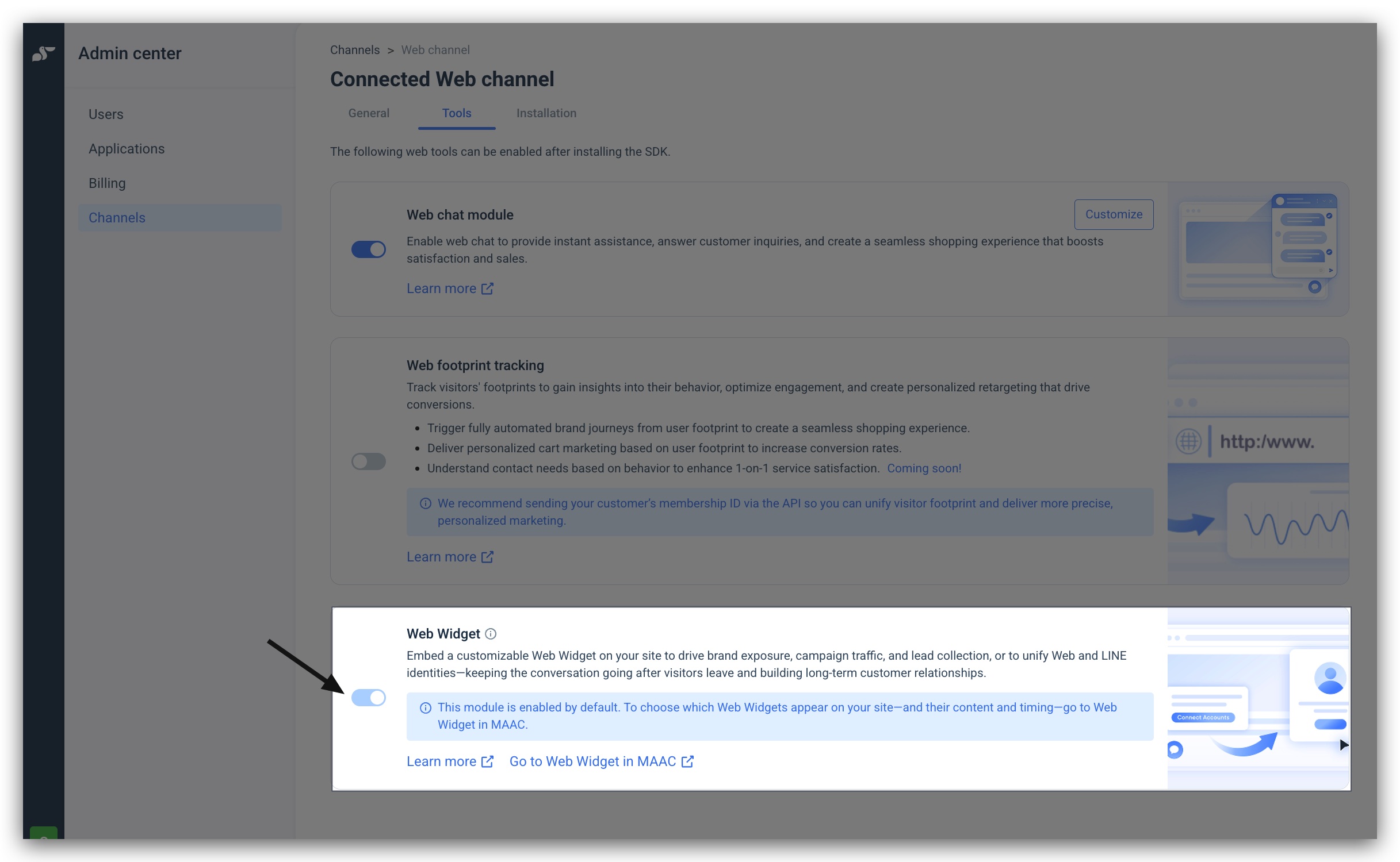 Admin Center Tools page: the Web Widget module is enabled by default; settings are now managed in MAAC