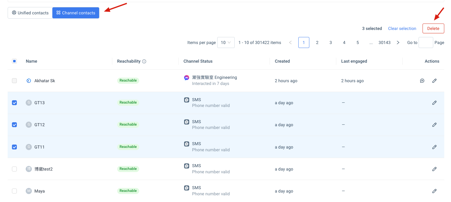 Selecting multiple records in the channel contacts view and deleting them