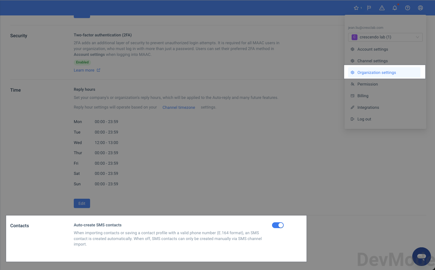 The Auto-create SMS contacts toggle in Organization settings