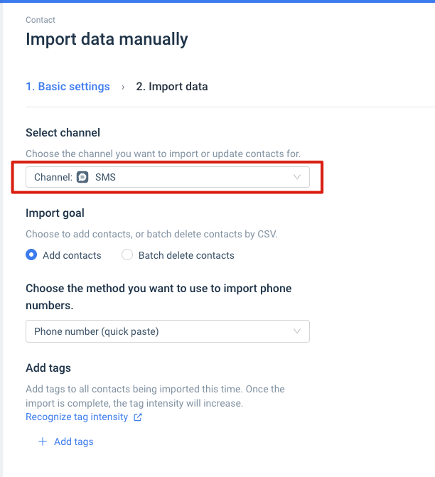 Selecting the SMS channel and Add contacts in the import flow