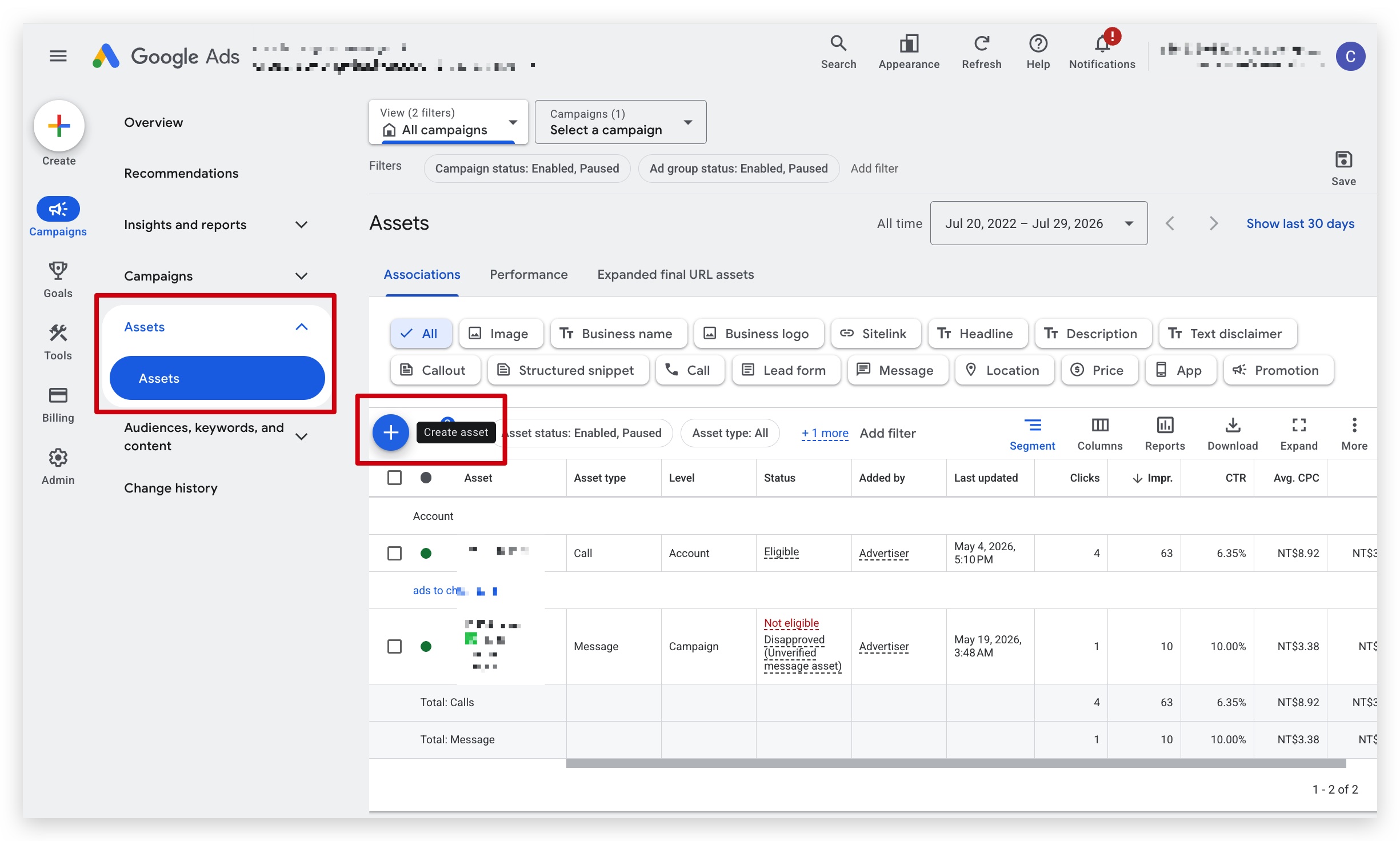 Create an asset on the Google Ads Assets page