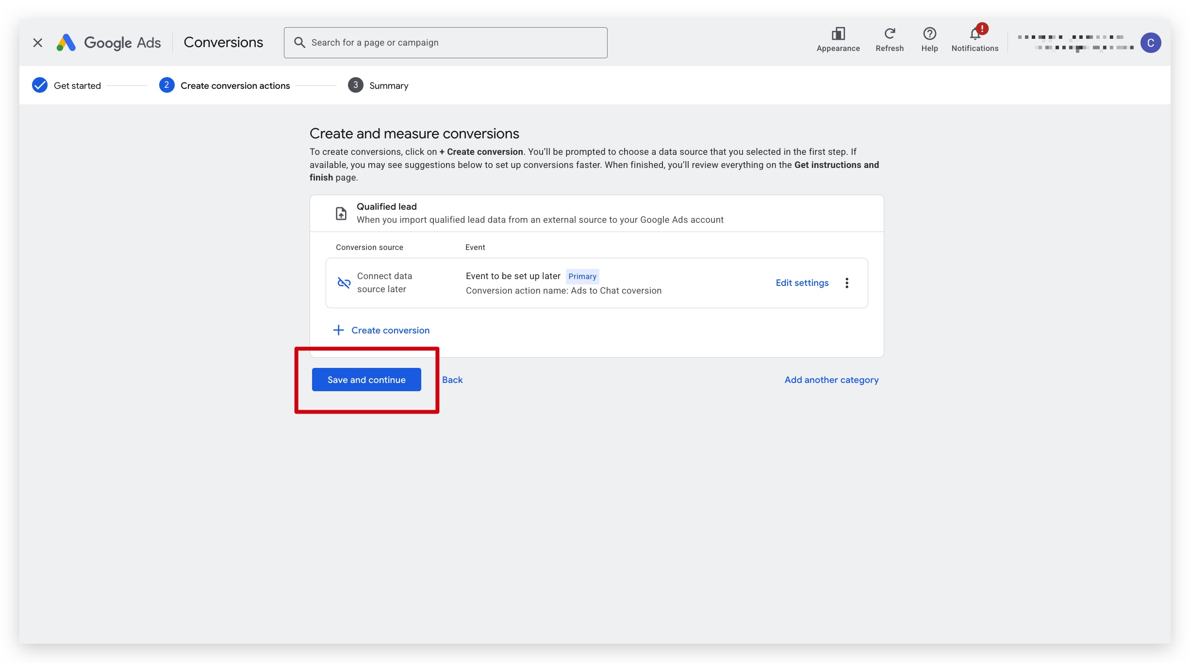 Confirm the conversion action and click Save and continue