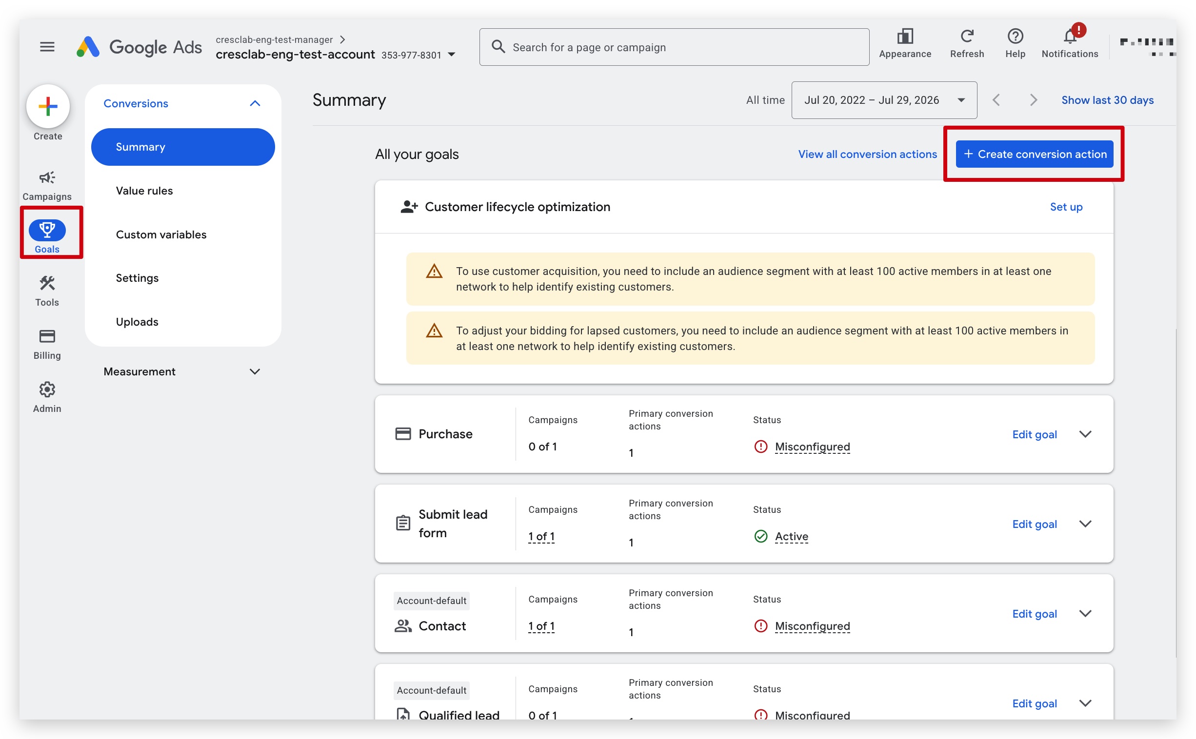 Create a conversion action from Goals Conversions Summary