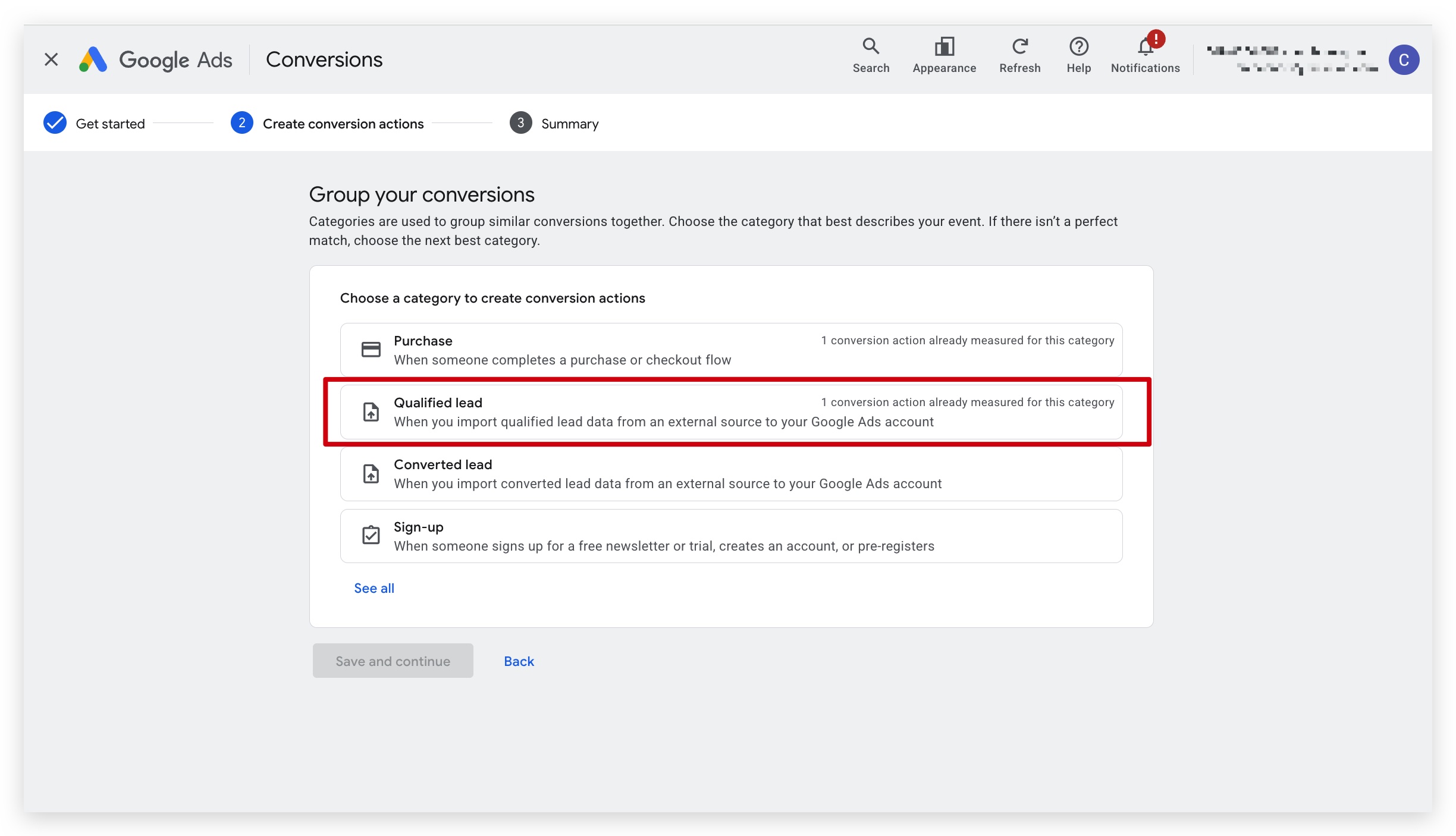 Choose Qualified lead as the conversion category