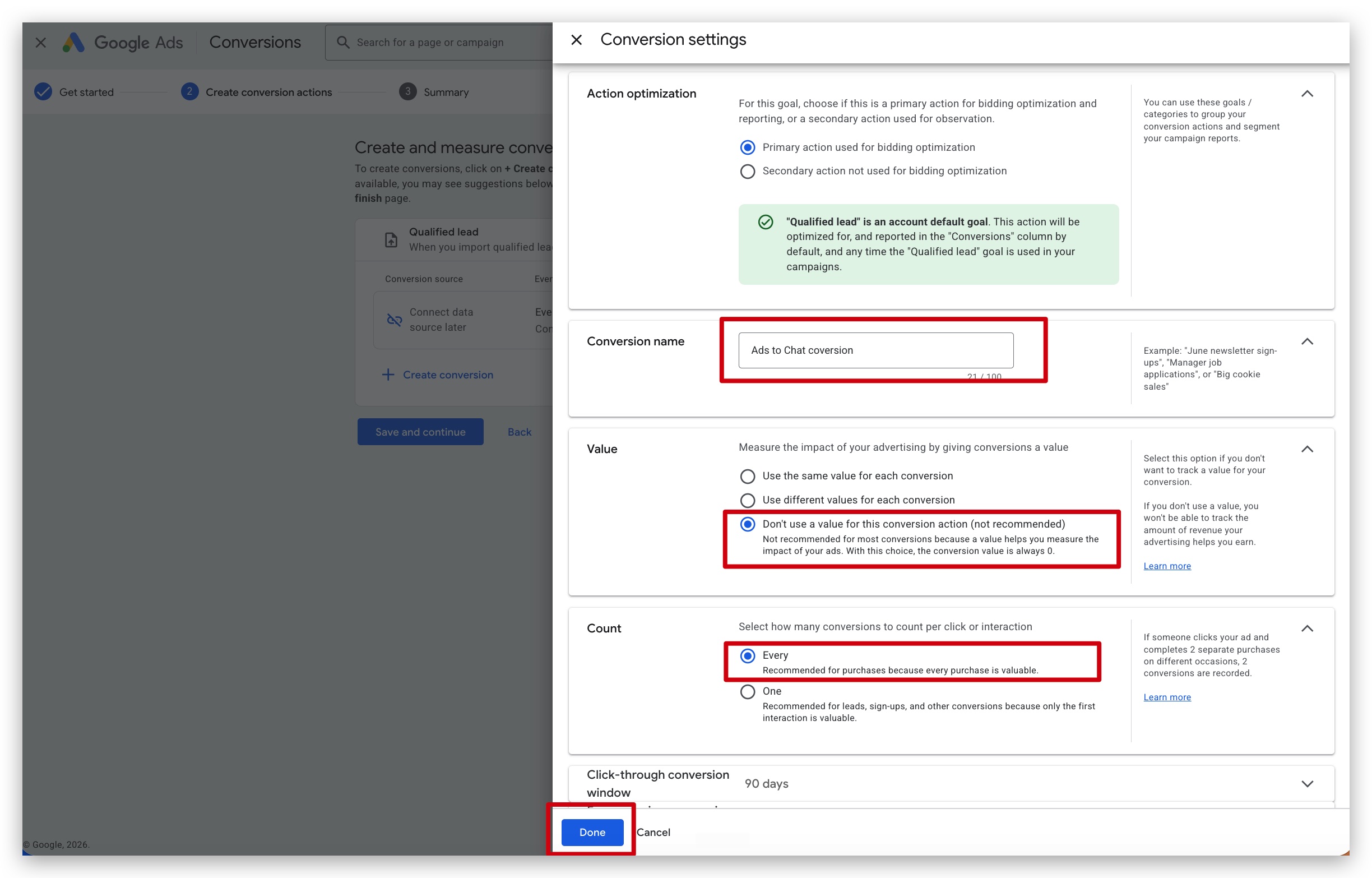 Conversion settings with conversion name, no value, and Count set to Every